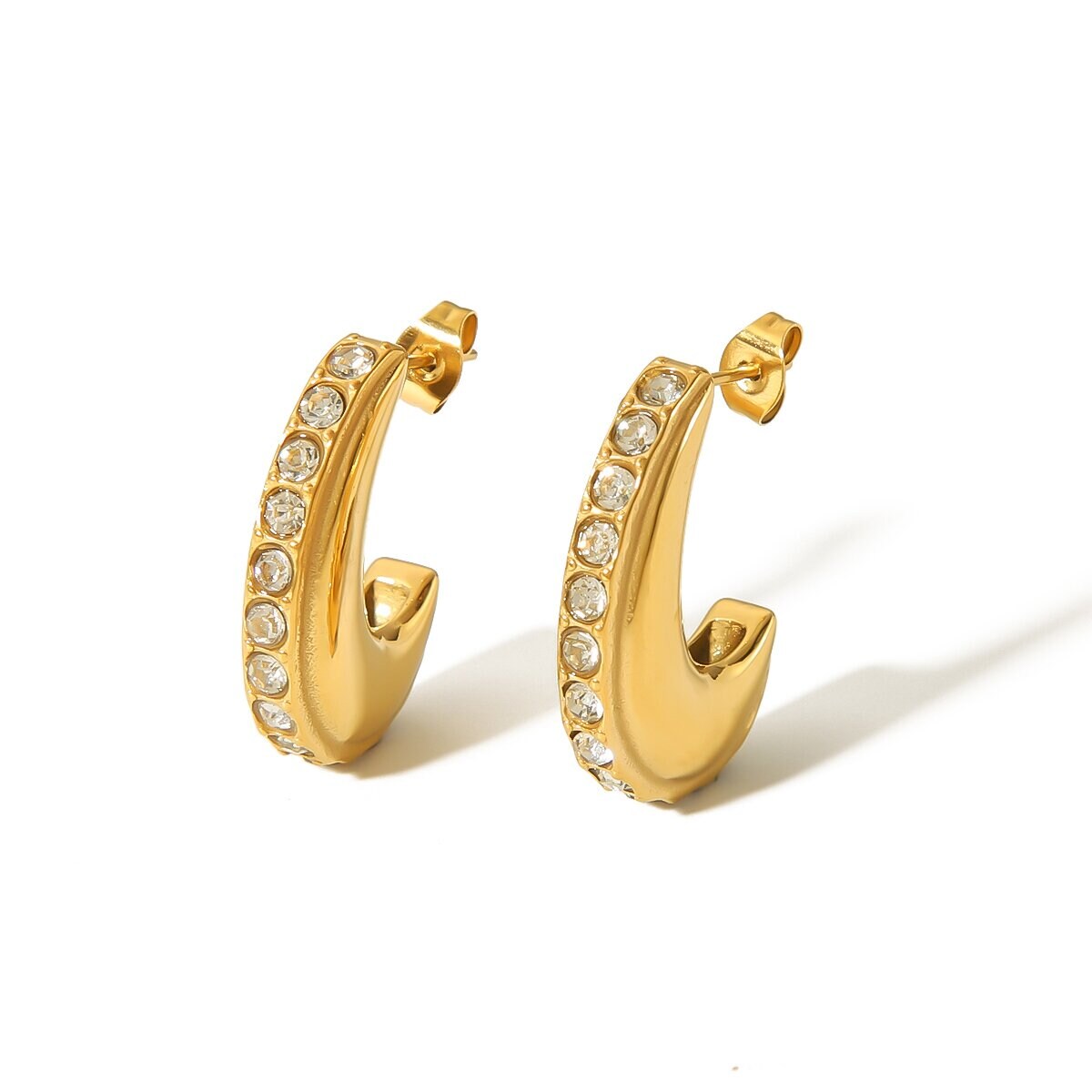 1 Pair Simple  Classic Style Moon Shape Stainless Steel 18K Gold Plated Inlay Rhinestone Women's Hoop Earrings h5 